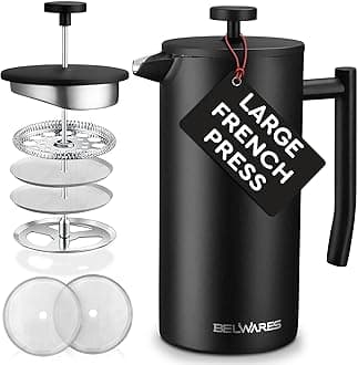 Belwares French Press Coffee Maker 50 Oz – Insulated Coffee Press Stainless Steel 304 Large – Double Wall & 4 Level Filtration System (1.5 Liter) – Black