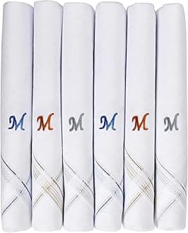 Caruso Italy Men's Initial Monogram (A-Z) Embroidery 100% Pure Cotton Handkerchief White Base With Colored Border - Pack Of 6