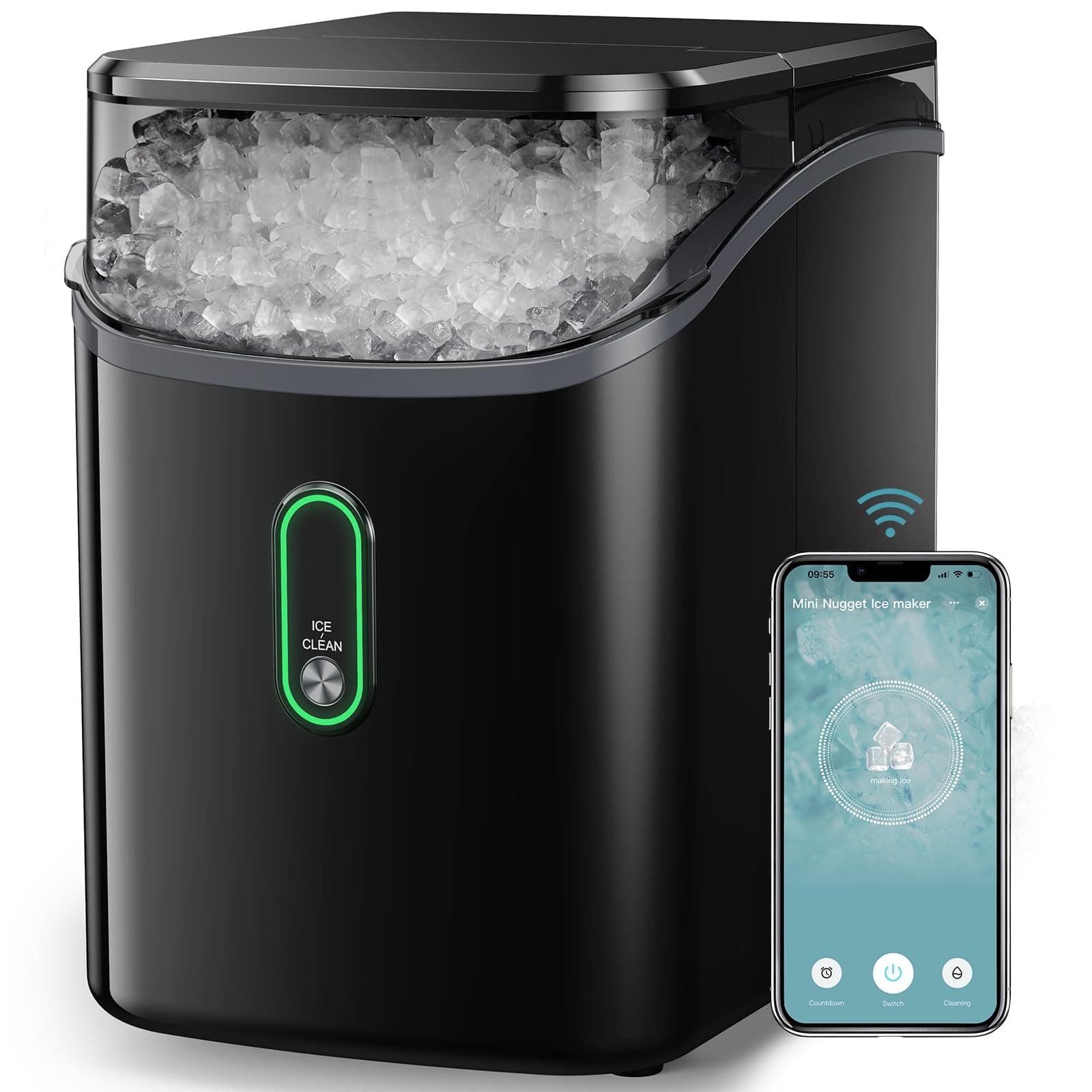 Nugget Ice Maker Countertop, WiFi Pebble Ice Machine with Soft Chewable Ice, Timer Function and Status Alerts with Silonn App, 33lbs/24H for Home, Kitchen, Office