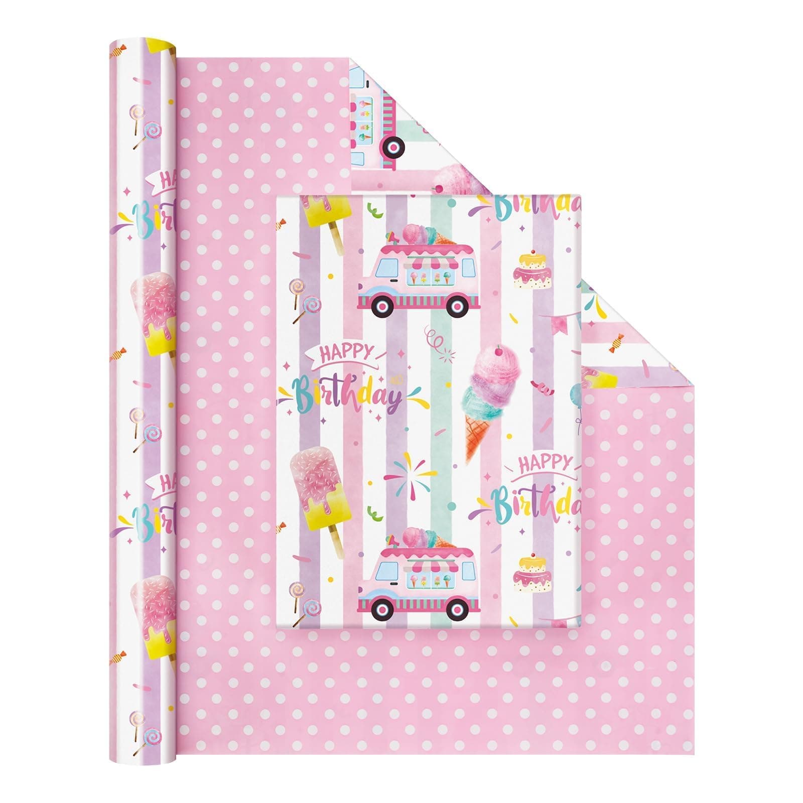 Ice Cream Reversible Wrapping Paper - 1 Roll 17” x 33 ft Happy Birthday Wrapping Paper Roll Kids Pink Summer Birthday Gift Wrap Roll Girls Wrapping Paper Polka Dot Design Bday Party Favor