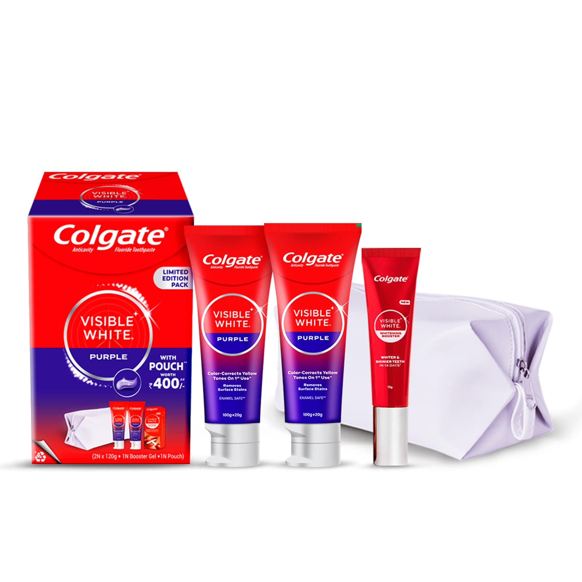 Colgate Visible White Purple Toothpaste for Teeth Whitening 240g and Visible White Whitening Booster Gel 13g with Pouch