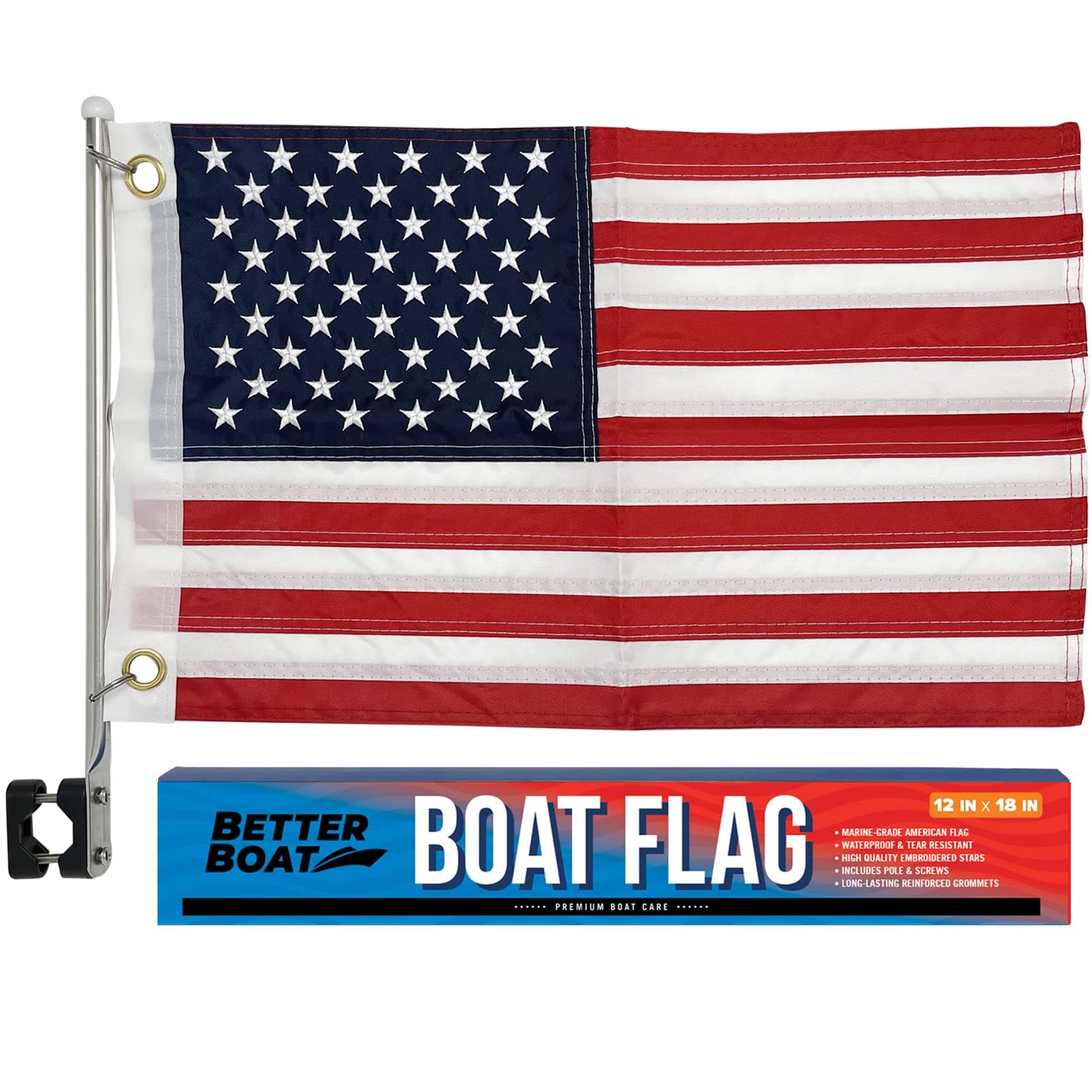 Boat Flag Pole Kit, 12" x 18" Small US American Flag Set, Marine Grade, Dock or Rail Mount Holder, Pontoon Accessories, USA Burgee Flags