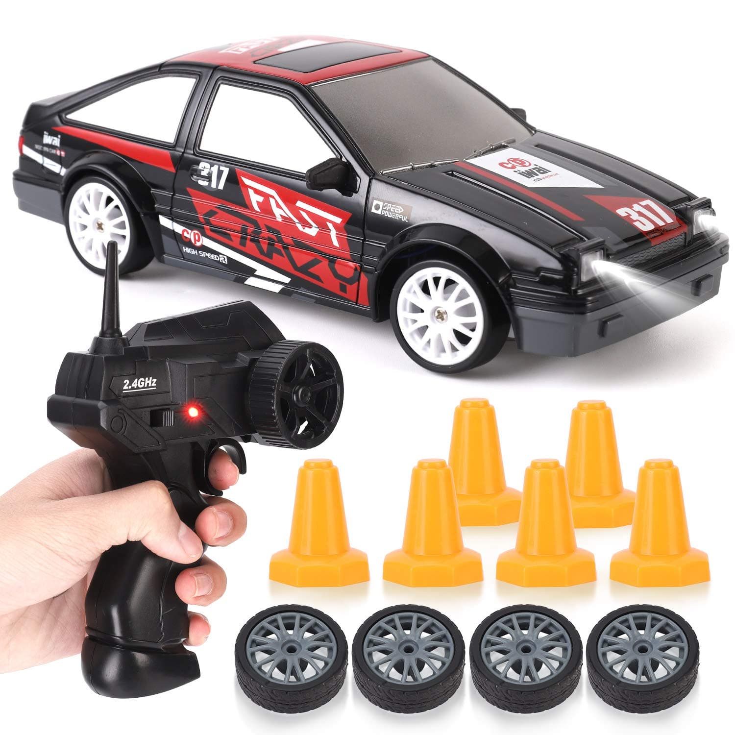 RC Drift Car 1/24 2.4GHz 4WD Remote Control Sport Racing On-Road Vehicle with LED Light, Batteries and Drift Tires (Style 4)