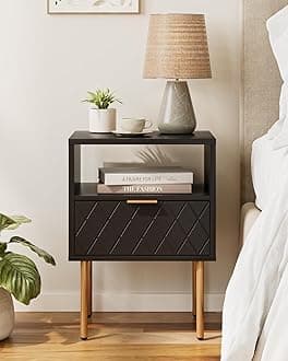 Nightstand,Small Bedside Table with Gold Frame,Morden Night Stand with 2 Drawer,End Table,Side Table with Drawer and Shelf for Bedroom,Living Room (White-2Drawer) (1Drawer, Black)
