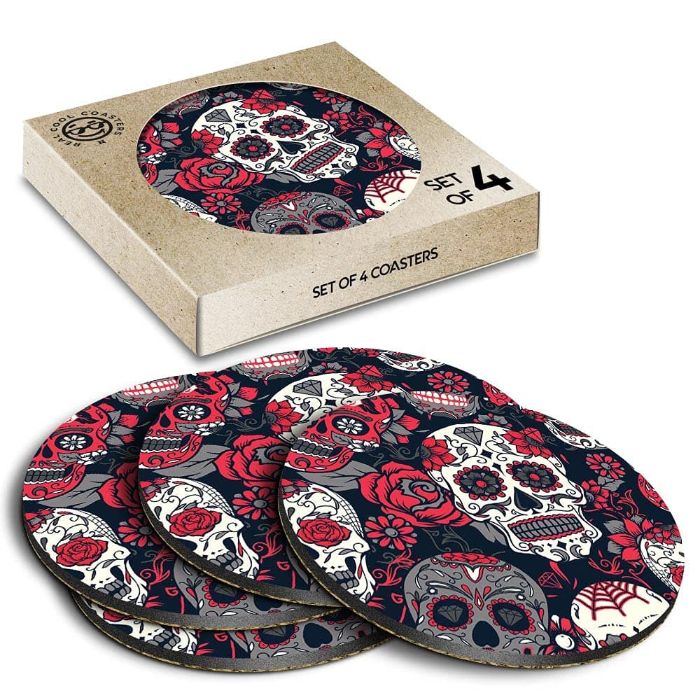 4 x Eco Boxed Cork Coasters - Red Rose Skulls Calavera Mexican Drink Cup Mug Glass Table Mat #14215