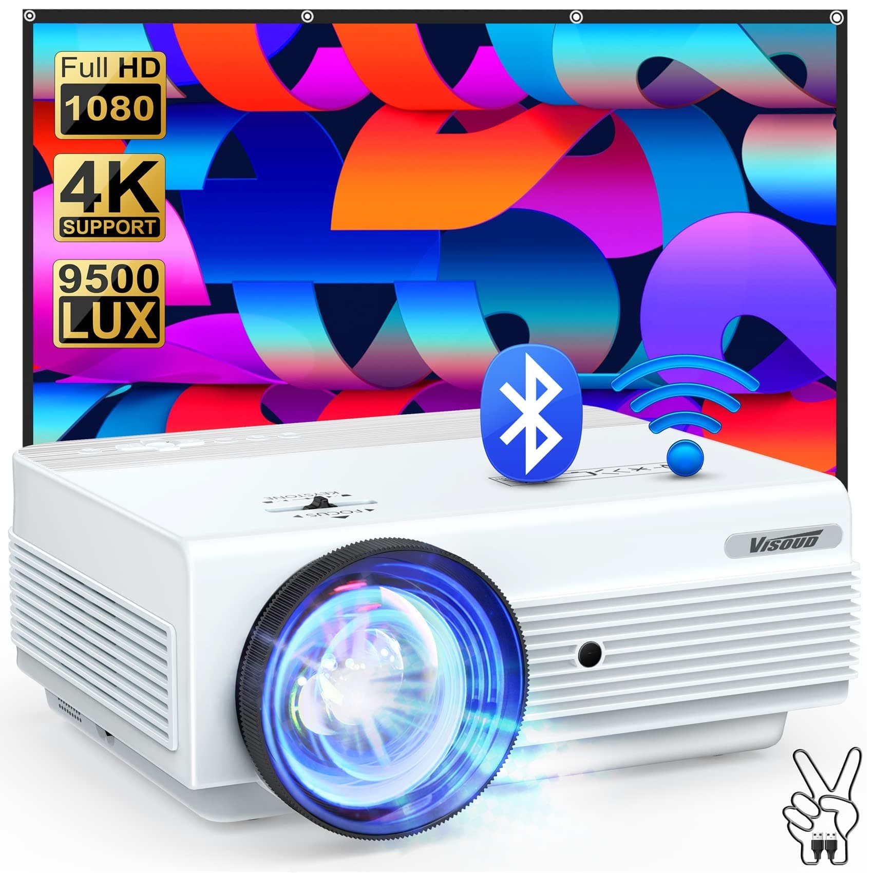 Native 1080P WiFi Bluetooth Projector, VISOUD 9500L with 120'' Screen Portable Outdoor Movie Projector, Zoom & 300'', Home Theater Video Projector Compatible w/ HDMI, VGA, TF, USB, AV, TV Stick, PS4