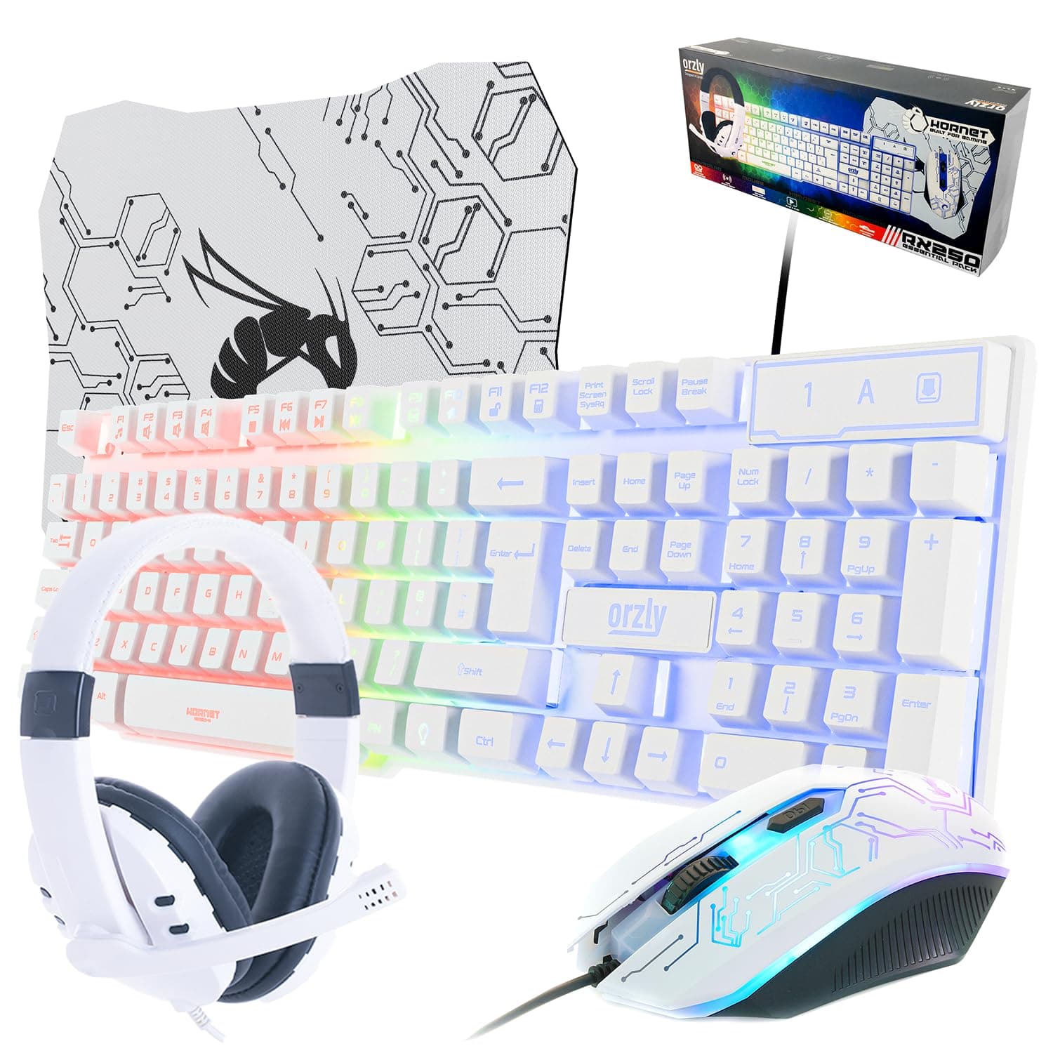 Orzly White Gaming Keyboard and Mouse and Gaming Headset & Mouse Pad, Wired LED RGB Backlight Bundle for PC Gamers Users - 4 in 1 White Edition Hornet RX-250