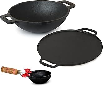 The Indus Valley Pre-Seasoned Cast Iron Cookware Set+ Free Iron Tadka Pan | Tawa (30.5Cm)+ Kadai (25.4 Cm/2.4L) | Kitchen Cooking Combo Pots and Pans Set of 3Pcs | Naturally Nonstick, Black