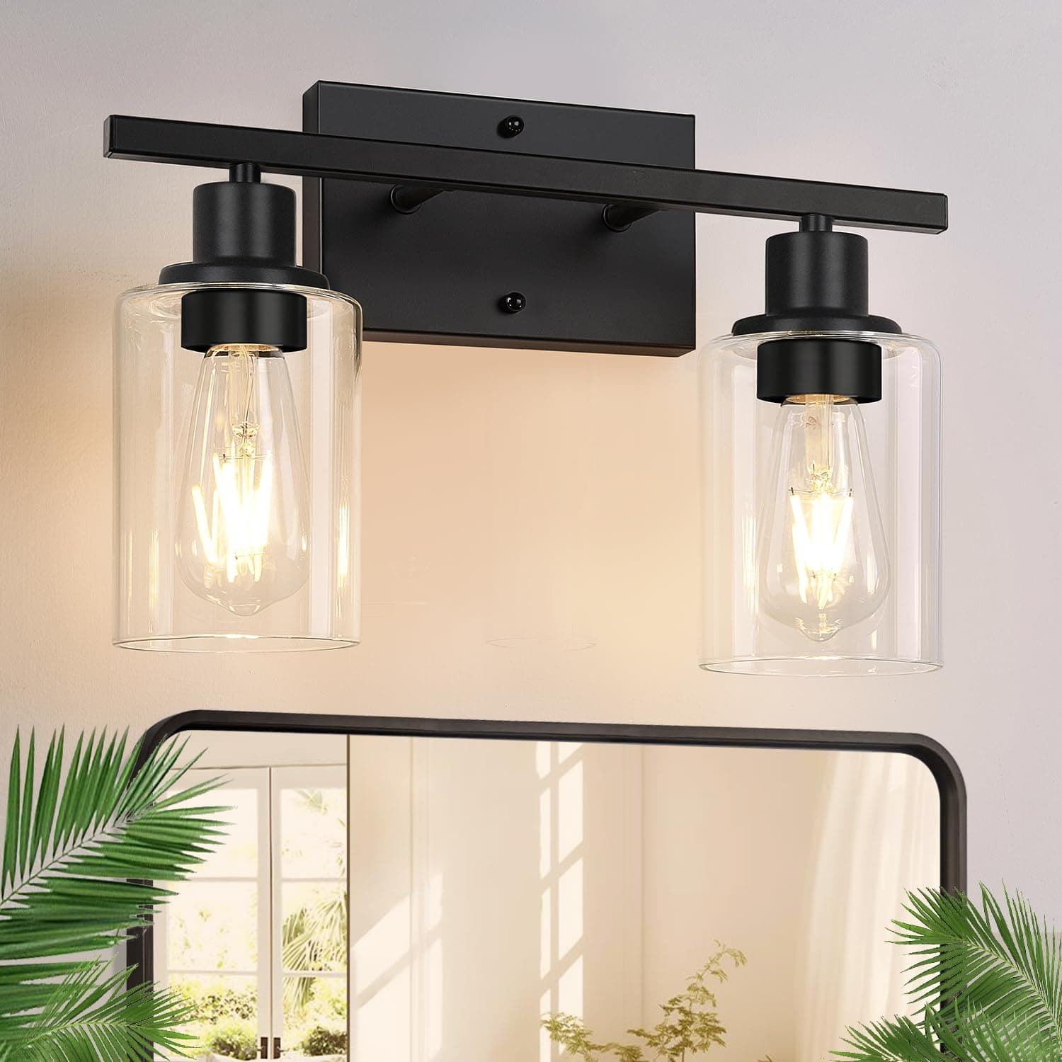 Matte Black 2-Light Bathroom Vanity Light with Clear Glass Shades — Modern Bathroom Light Fixtures & Vanity Lights for Mirror