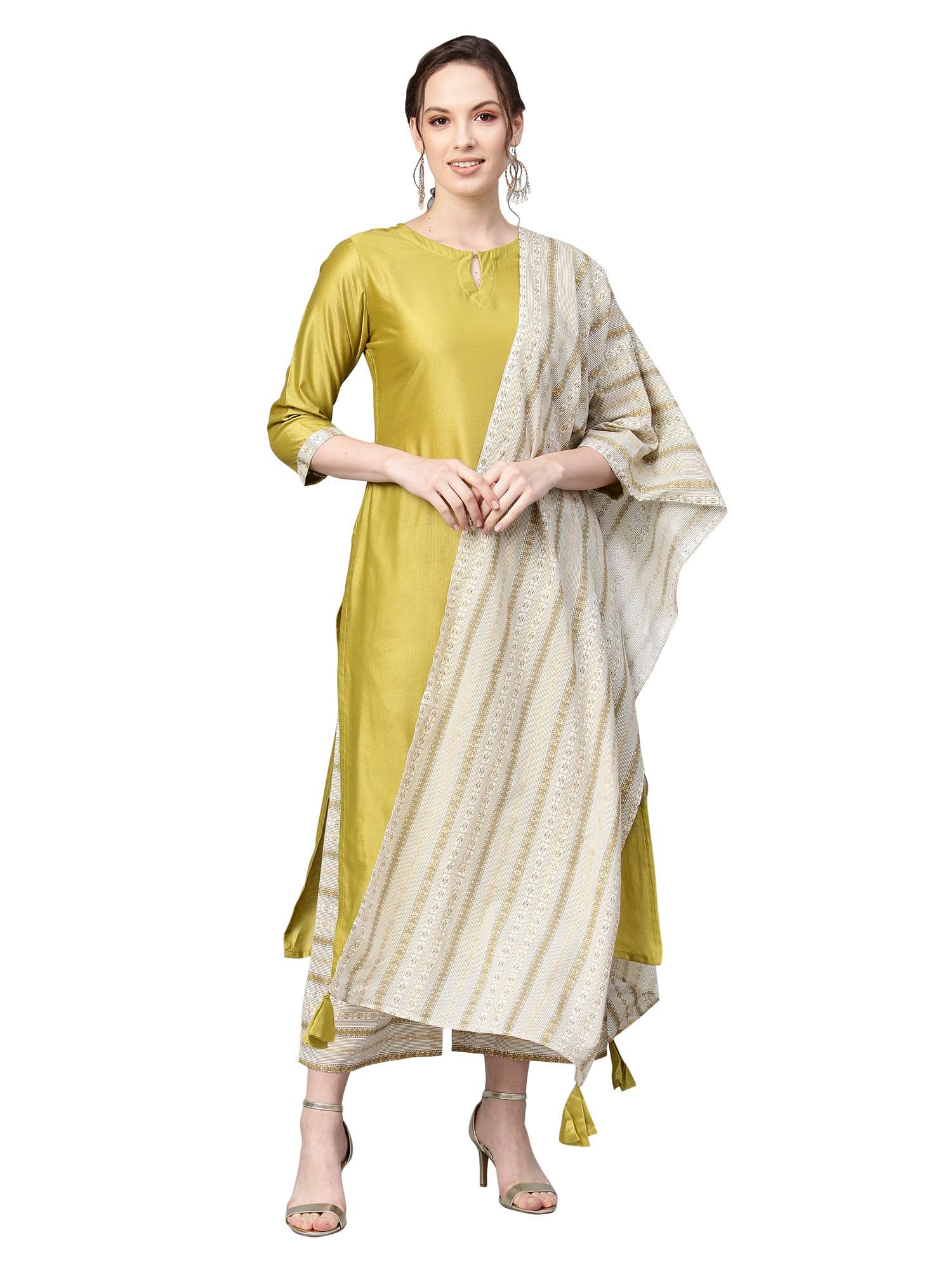 INDO ERA Women's Solid Straight Cotton Blend Kurta & Palazzo with Dupatta Set (Olive_IE27KS9OL1495_X-Small)