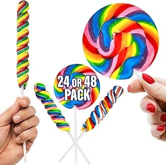 24 Rainbow Lollipops Individually Wrapped Non Broken 12 Large Swirl Lollipop 3" and 12 Large Twisty Pops, Perfect Suckers for Gift, and Holiday Decorations,