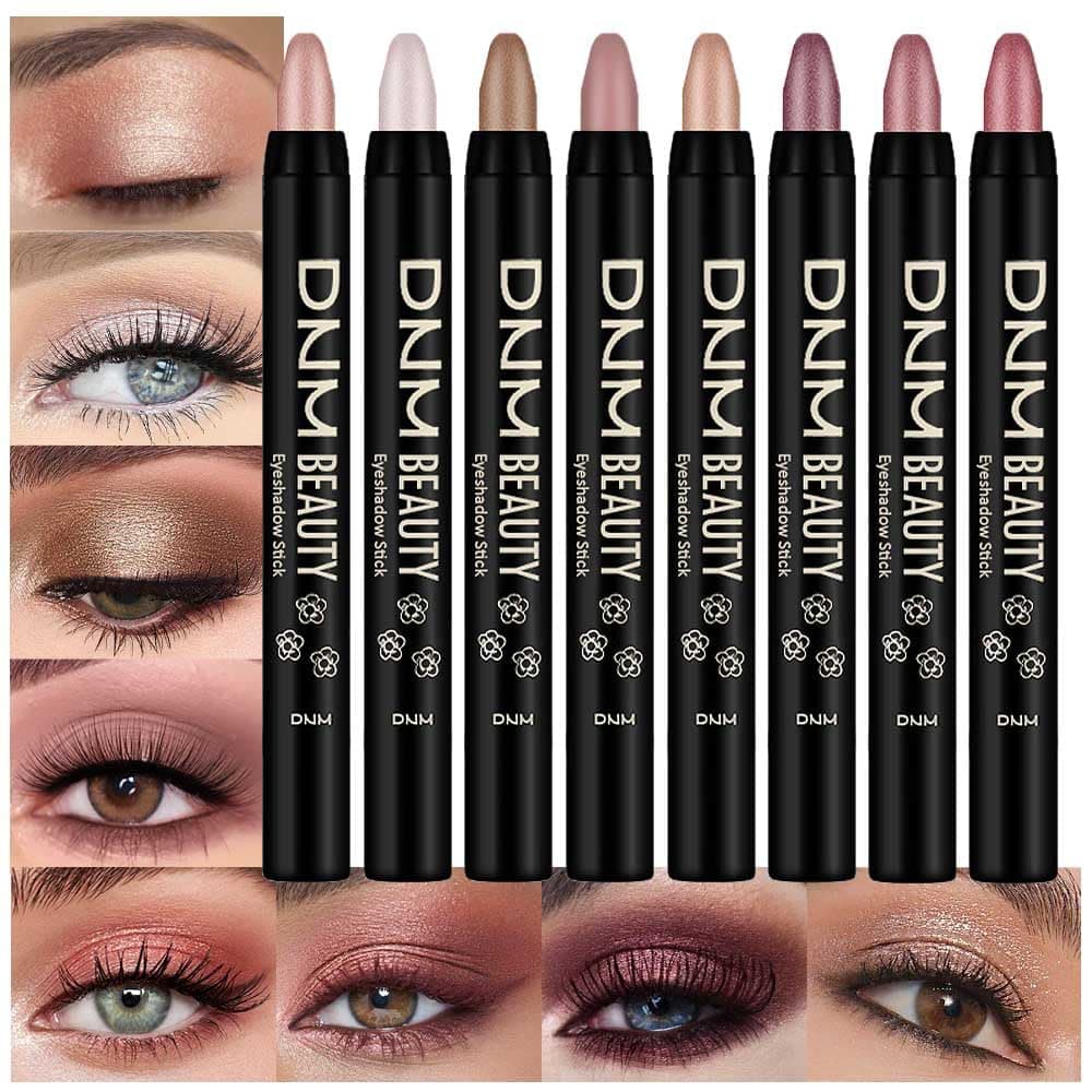 8Pcs Cream Eye Shadow Brightener Sticks Makeup Sets, Champagne Pearl Bronze Putty Sand Orchid Rose Gold Shimmer Matte Eyeshadow Eyeliner Pencil Applicator Stick Palette Makeup for Older Women 08