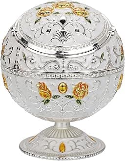 LAUYOO Windproof Ashtray with Lid for Cigarettes Metal Portable Cigar Ashtray Odor Eliminator for Indoor outdoor Hand Stamped Rose Pattern with Sparkle Fancy Gift for Men Women(Silver-Green Leaf)