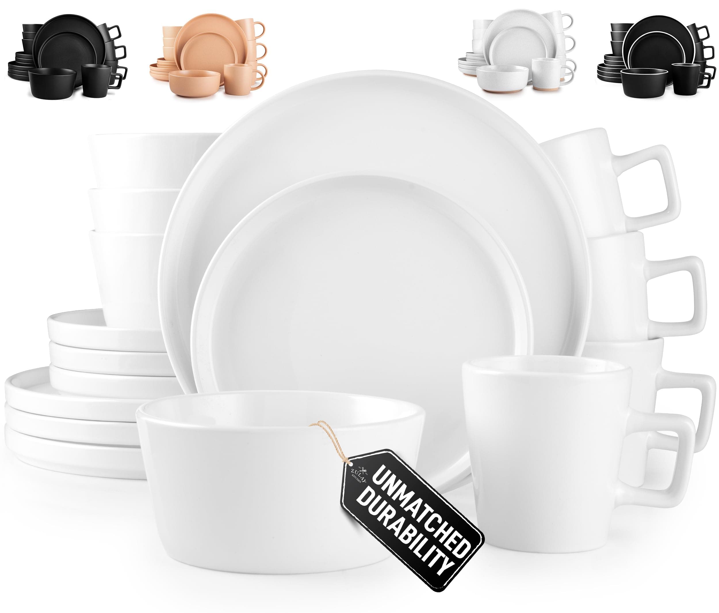 Zulay Kitchen Terra Plates and Bowls Sets, 16 Piece Modern Stoneware Dish Set for 4, Chip and Scratch Resistant Ceramic Dinnerware Set, Microwave and Dishwasher Safe, White