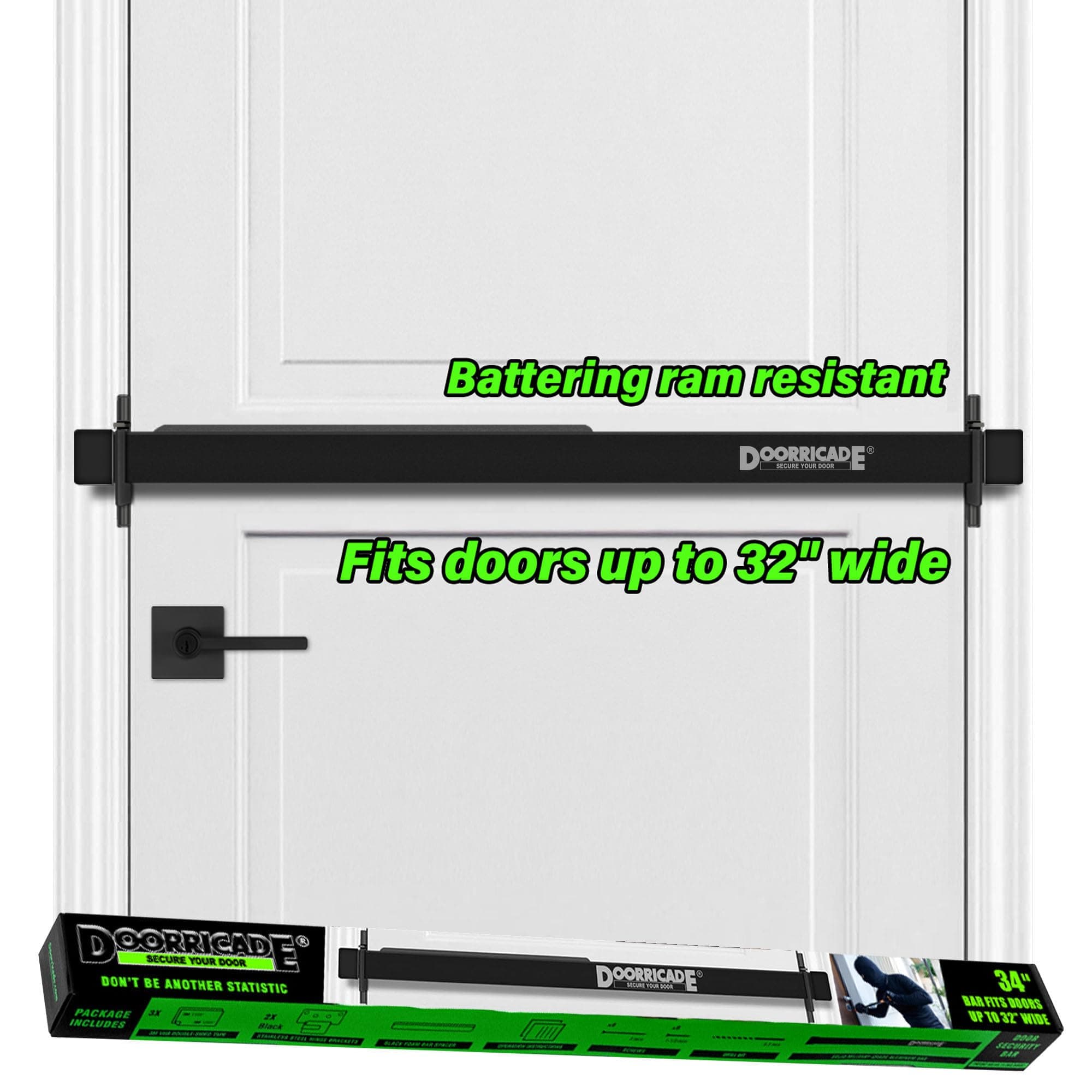Door Security Bar-by Doorricade-Secure The Entire Width of Your Inward Opening Front Door-Safe Room. Fits Doors up to 32" Wide-Black Edition.