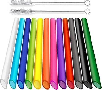 ALINK 12 PCS Reusable Boba Straws, 10.5 Long x 0.51 Wide Colored Plastic Smoothie Straws for Bubble Tea, Tapioca Pearls with 2 Cleaning Brush - Pointed Design