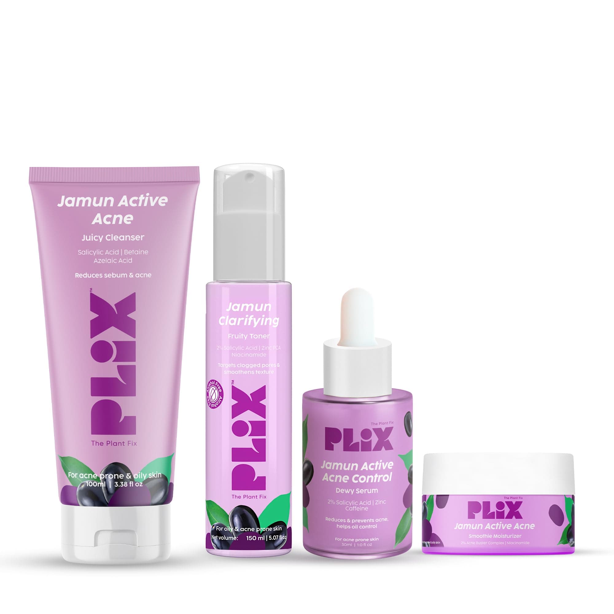 The Plant Fix Plix Jamun Active Acne Range With Cleanser, 2% Salicylic Acid Serum, Smoothie Moisturizer, & Toner l Reduces Active Acne l Detoxifies The Skin l Soothes Redness l All Skin Types