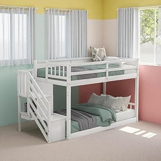 SOFTSEA Twin Over Twin Low Bunk Bed with Stairs, Kids Bunk Bed with Storage(White)