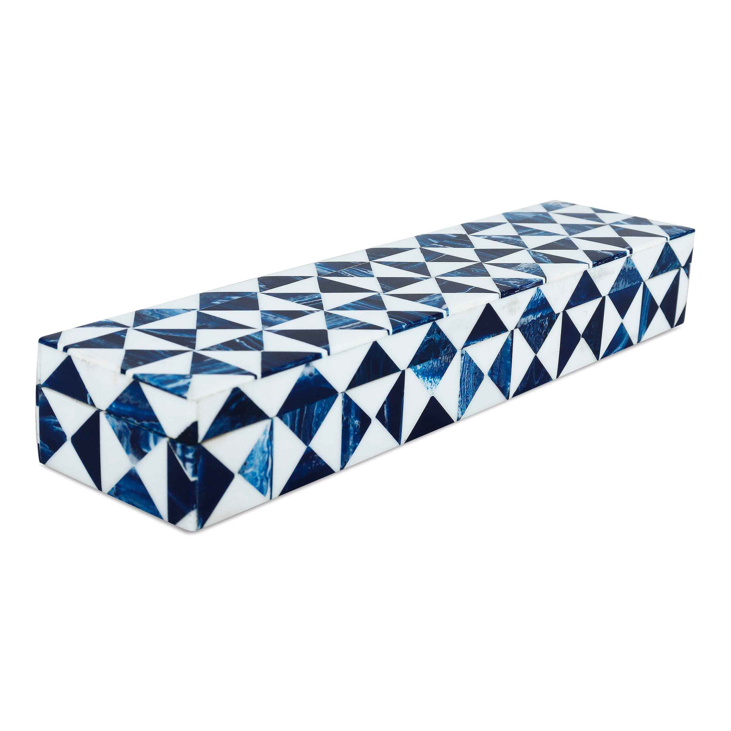 Handicrafts Home Blue and White Decorative Storage Box with Lid, Slim Remote Control Holder Box, Handmade Resin Inlay Wooden Box, Coffee Table Organizer, Small Keepsake Storage Box (10x2.5x1.5 Inch)