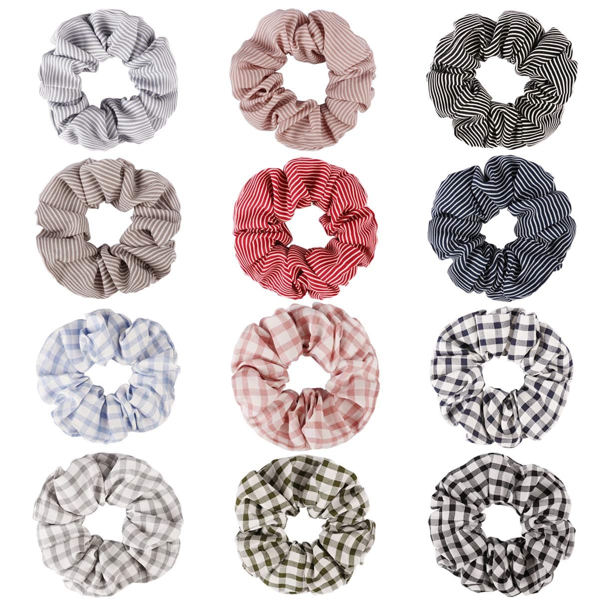Ondder 12 Pack Large Striped Hair Scrunchies Soft Cotton Polyester Scrunchy Hair Bow Cotton Scrunchies Hair Ties Ponytail Holder Hair Bands for Women, 12 Colors