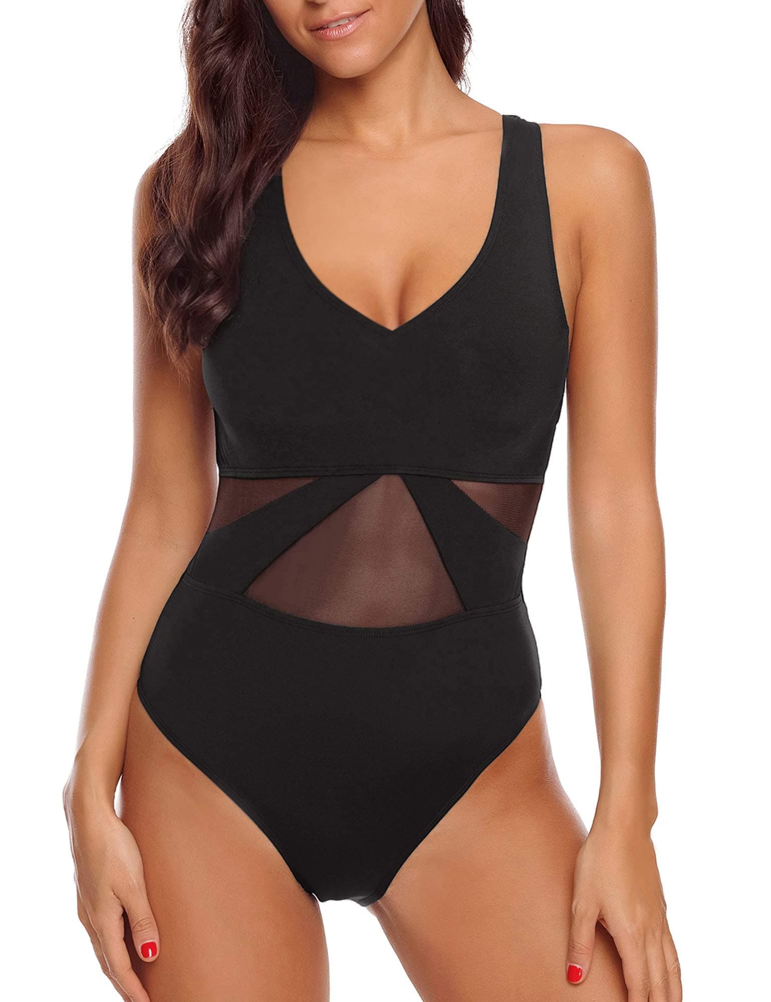 Vetinee Women's V Neck Strappy Open Back Mesh Bathing Suits One Piece Swimsuits