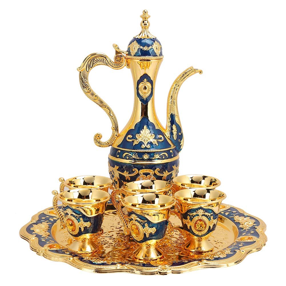 Alvinlite Small Vintage Turkish Coffee Pot Set, Turkish Tea Set with 6 Coffee Cups, Golden Wine Decanter and Glasses Set, Turkish Copper Coffee Cup Set for Home Tea Party 40ml/Cup(Blue)