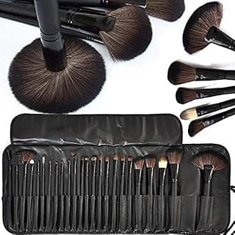 MACPLUS Fiber Bristle Makeup Brush Set with Black Leather Case- BLACK, 24 Pieces