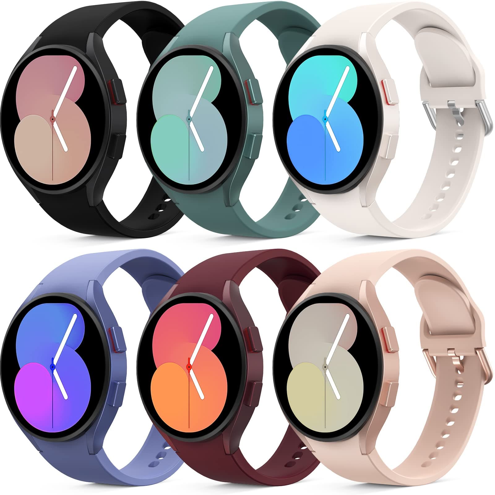 6-Piece Strap Compatible with Samsung Galaxy Watch 7/6/5/4 40 mm 44 mm/Watch 5 Pro 45 mm/Galaxy Watch 6 Classic 43 mm 47 mm/Watch 4 Classic 42 mm 46 mm Women, Soft Silicone Sports Bands