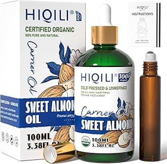 HIQILI Sweet Almond Oil with Roller Bottle, 100% Pure and Natural Carrier Oil for Hair, Skin, Body, Massage, Diluting Essential Oils- 3.38 Fl Oz