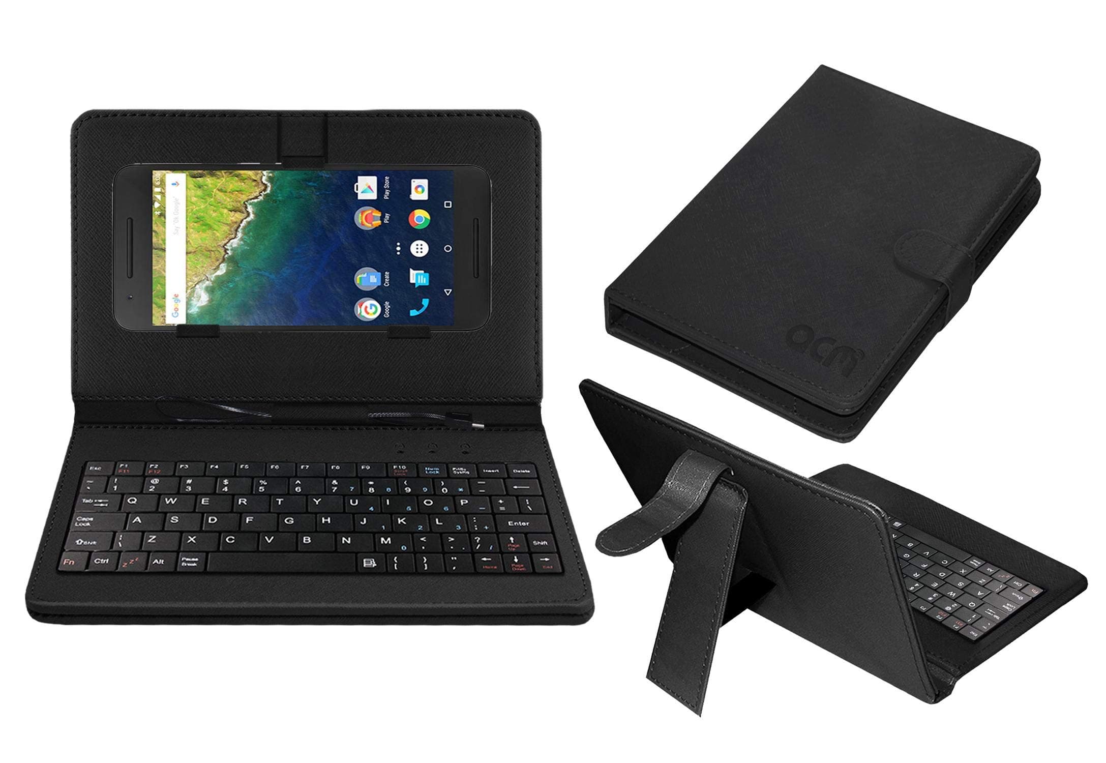 Acm Keyboard Case Compatible with Huawei Nexus 6p Gold Mobile Flip Cover Stand Plug & Play Device for Study & Gaming Black