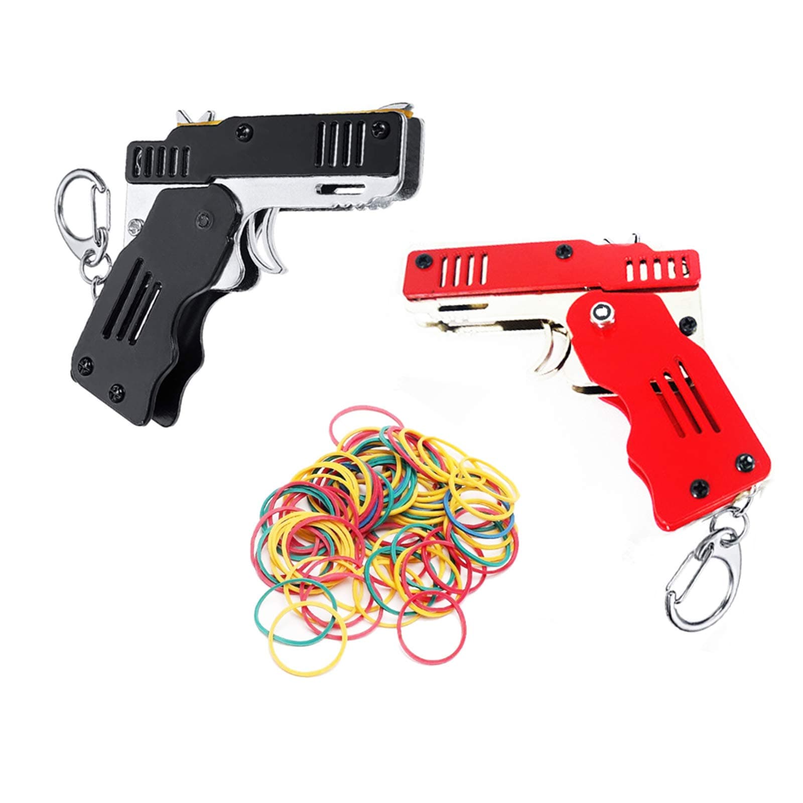 2 Pieces Rubber Band Gun Toy Easy Load Foldable Handmade Toy Gun Mini Metal Rubber Gun with Keychain and 200 Elastic Rubber Bands