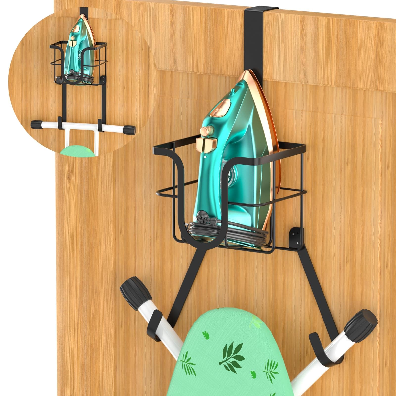 Ironing Board Wall Mount, Ironing Board Holder Over Door Hanging Bracket Wall, Iron with Ironing Board Wall Mounted Holder Space Saving Basket and Removable Hooks for Laundry Room – Black