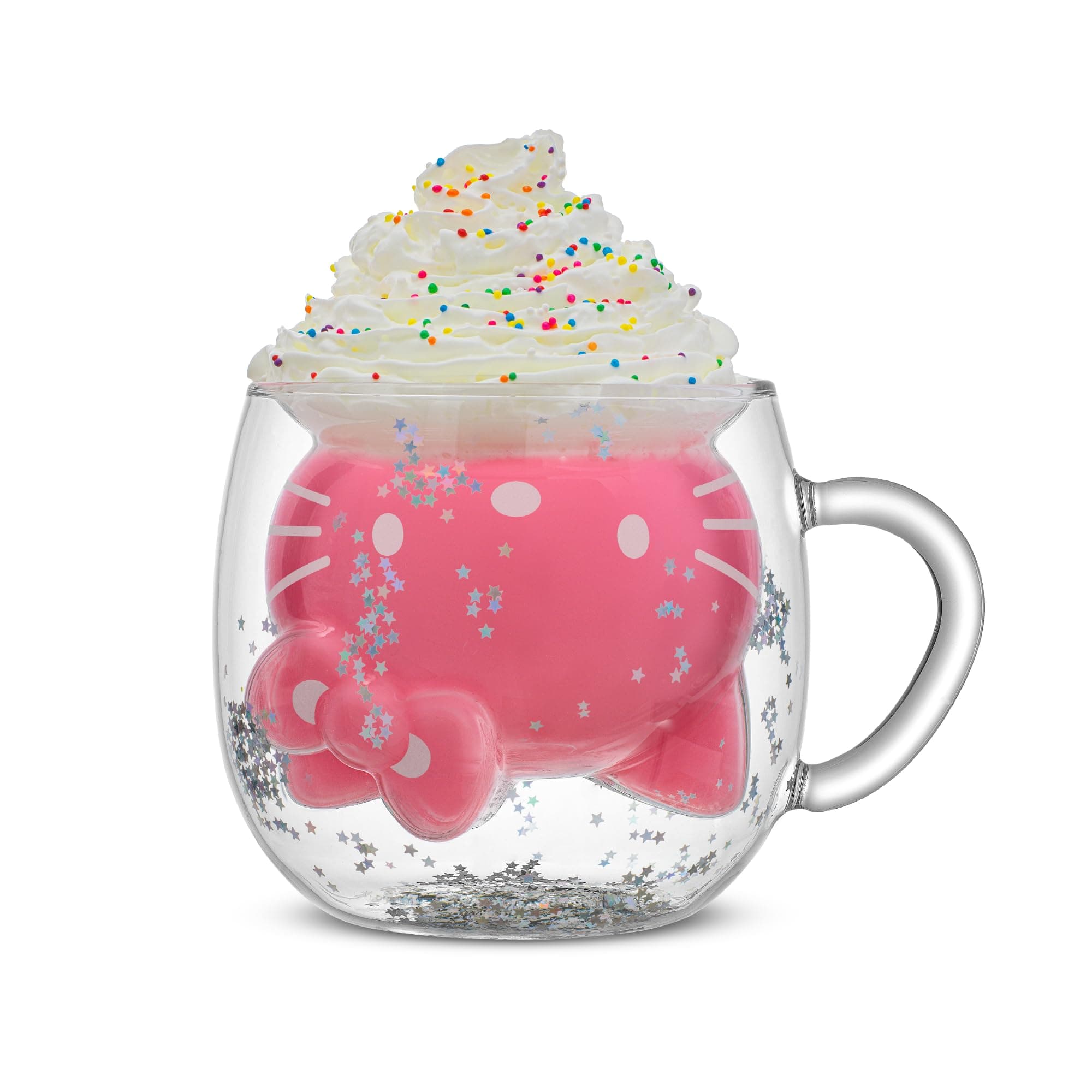 JoyJolt Hello Kitty 50th Anniversary Limited Edition Double Wall Glass Mug, 13.5 oz Insulated Coffee Mug with 3D Design, Cute Mug for Tea, Latte, or Iced Coffee, Kawaii Cup, Sanrio Accessories