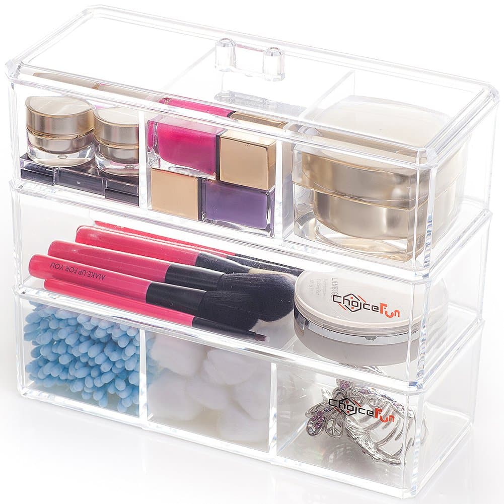 Choice Fun Acrylic Make Up Organiser Clear Plastic Drawer Organiser, 3 Tiers 7 Compartments