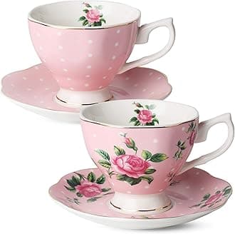 BTaT- Floral Tea Cups and Saucers Set of 2 (8 oz), Porcelain Tea Cup Sets, Pastel Pink Color with Gold Trim, Dishwasher Safe