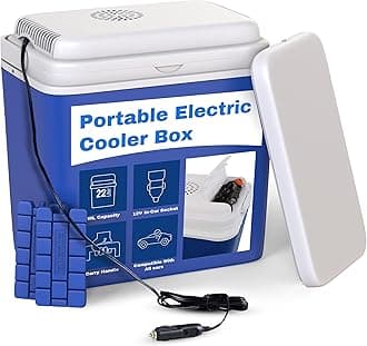 Electric Cool Box 22L – Large Portable Fridge Powered by 12V In-Car Socket – Ideal for Camping & Picnics – One Active Lid, One Passive Lid, Includes 2 Ice Packs
