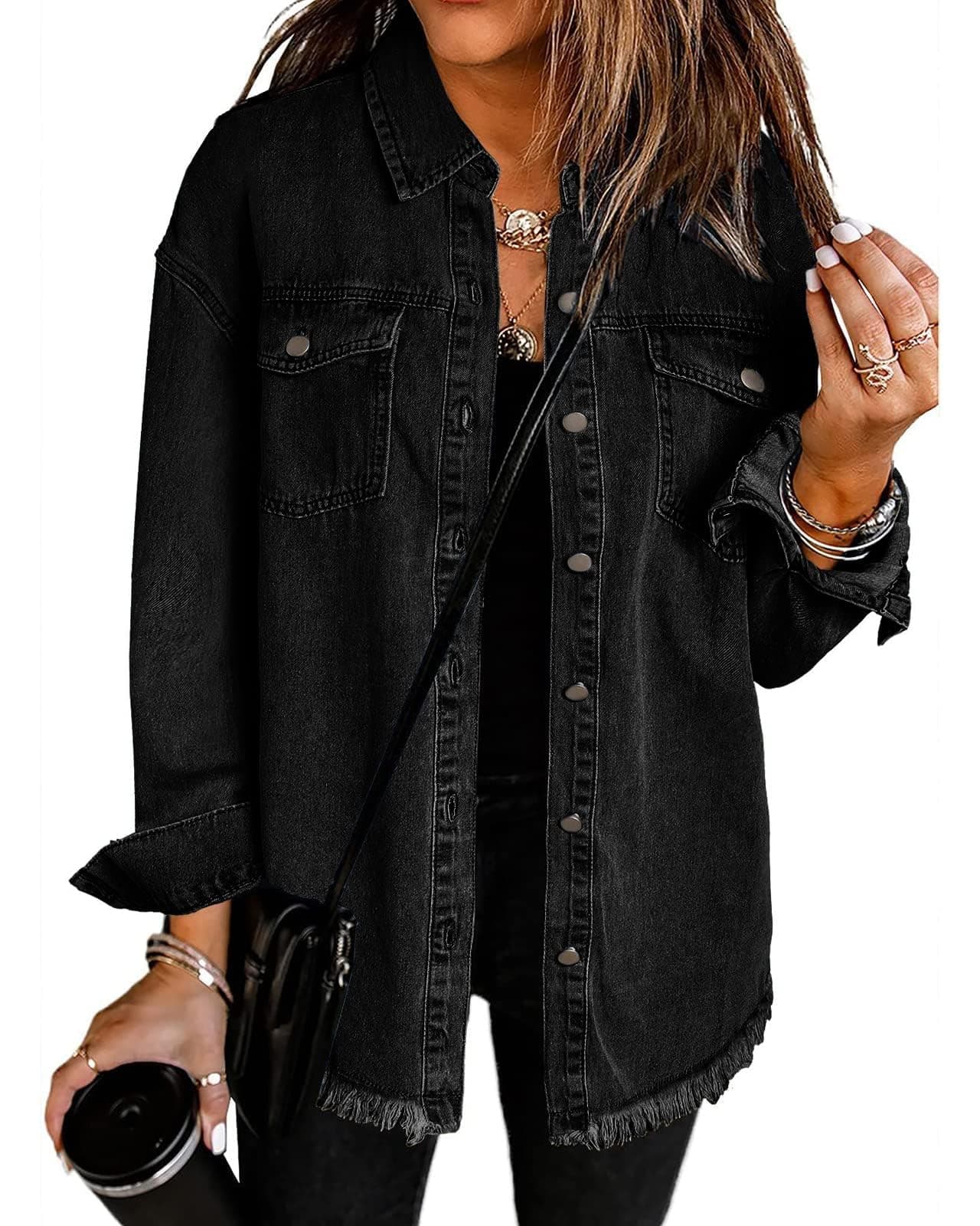 Women’s Oversized Button Up Frayed Hem Shacket Long Sleeve Pockets Denim Jean Jacket