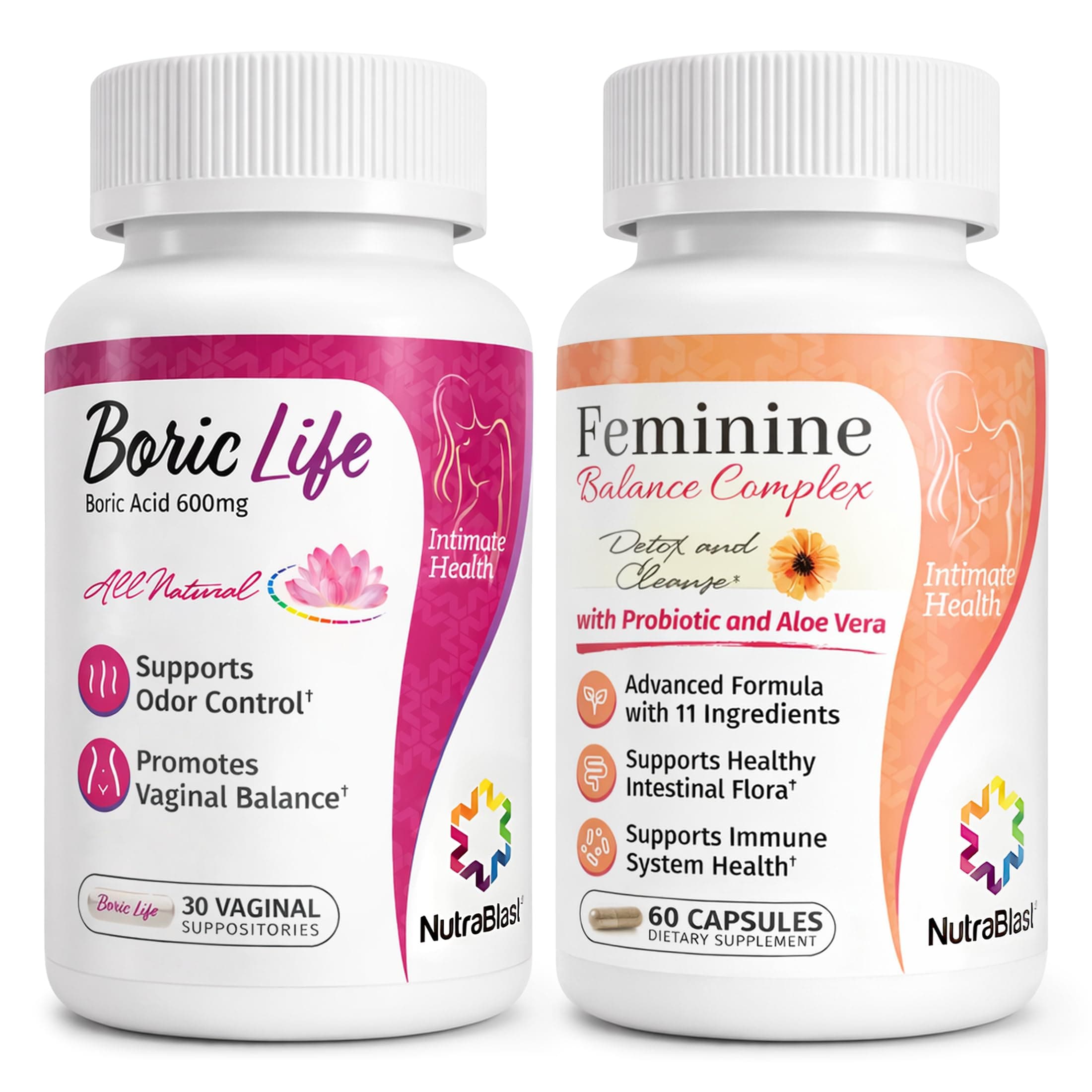 Boric Acid Suppositories 600mg (30 Count) Bundle with Feminine Balance Complex (60 Capsules) | Detox & Cleanse | Supports Healthy Intestinal Flora & Immune System