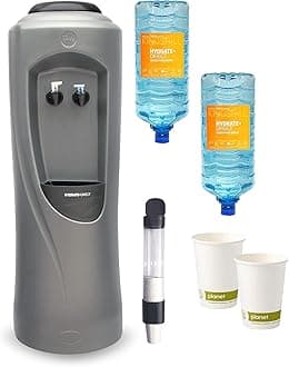 Hydrate Direct Core Water Cooler Package 2 | Water Dispenser Plus 2 x 15L Bottles of Natural Mineral Water, 1000 x Bio Cups and Cup Dispenser - Ambient & Cold Temperature, Grey/Black