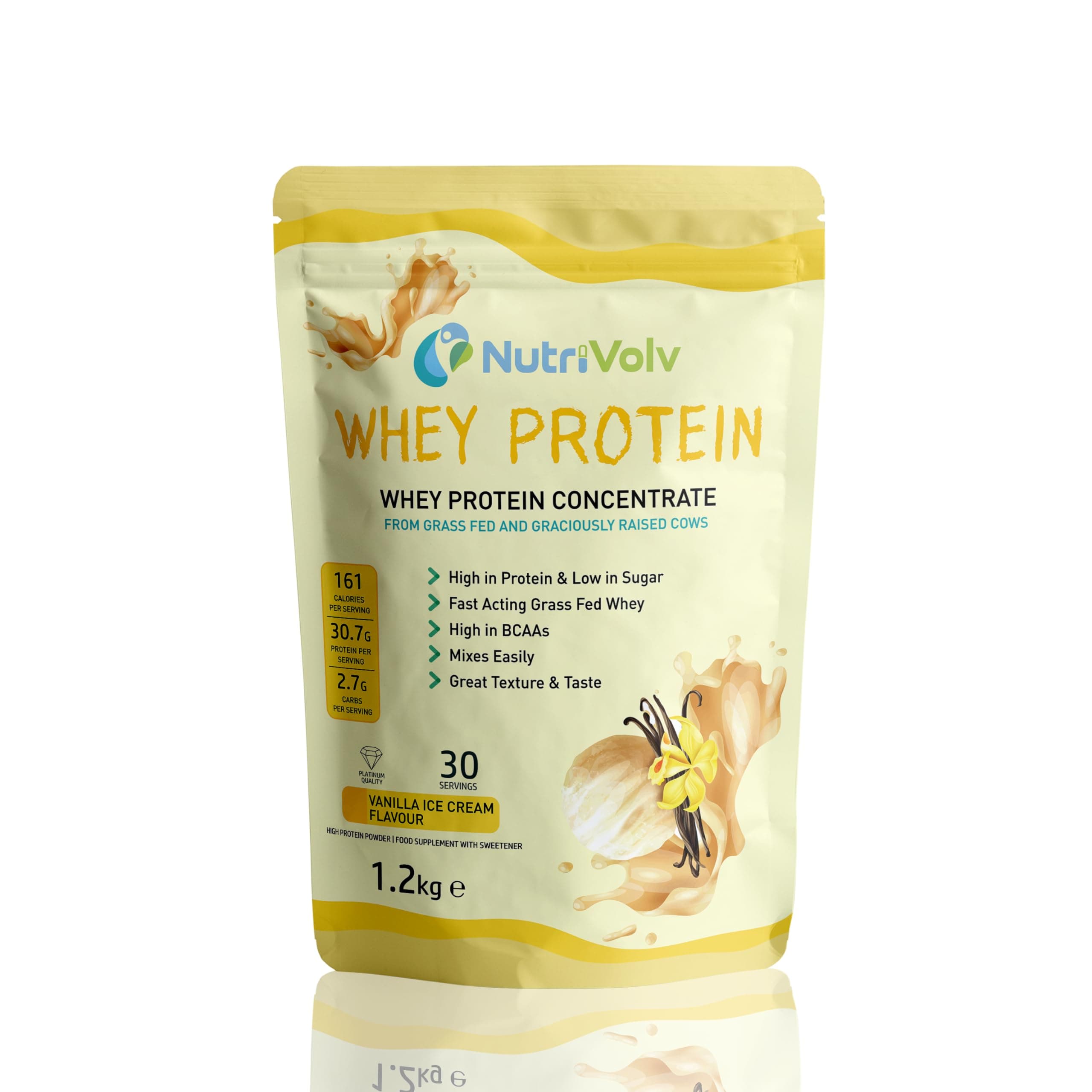 NutriVolv Whey Protein Concentrate | 30 Servings | Fast Acting Grass Fed | High Protein, Build Lean Muscle | Low Calories Low Sugar | Vanilla Ice Cream Flavour 1.2kg