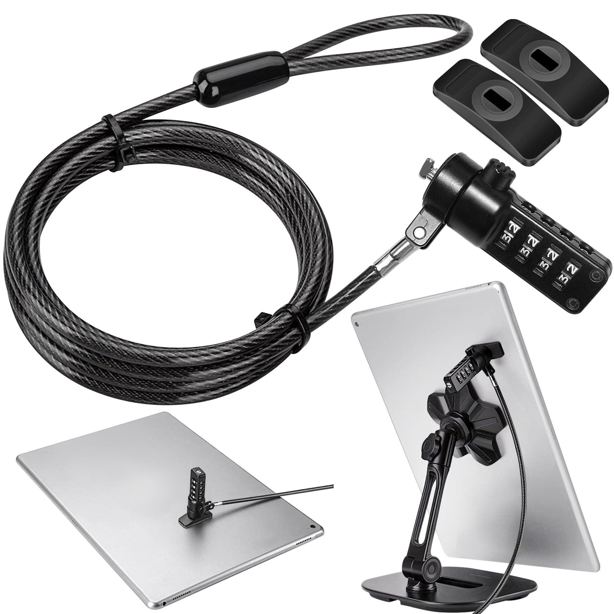 iPad Lock Security Cable w/Adhesive Plates, Keyless 4 Digit Combination Tablet Lock Kit, Anti-Theft Hardware Locking Cable for iPhone Cell Phone MacBook Laptop in Showroom Retail Stores
