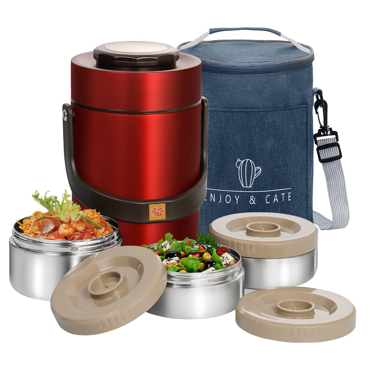 67oz Thermo for Hot Food,3-Layer Sealed Stackable Food Thermo,with Lunch Bag Soup Thermo,It Is Suitable for Daily Office Meals and Outdoor Meals (67 oz Red)