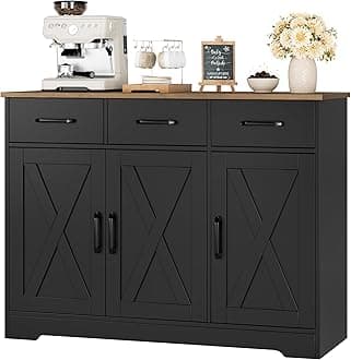 HOSTACK Modern Farmhouse Buffet Sideboard Cabinet, Barn Doors Storage Cabinet with Drawers and Shelves, Wood Coffee Bar with Storage for Dining Room, Kitchen, Living Room, Black/Rustic Brown
