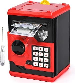 ATM Piggy Bank for Boys Girls, Vcertcpl Mini ATM Coin Bank Money Saving Box with Password, Kids Safe Money Jar for Adults with Auto Grab Bill Slot, Great Gift Toy Bank for Kids (Red+Black)