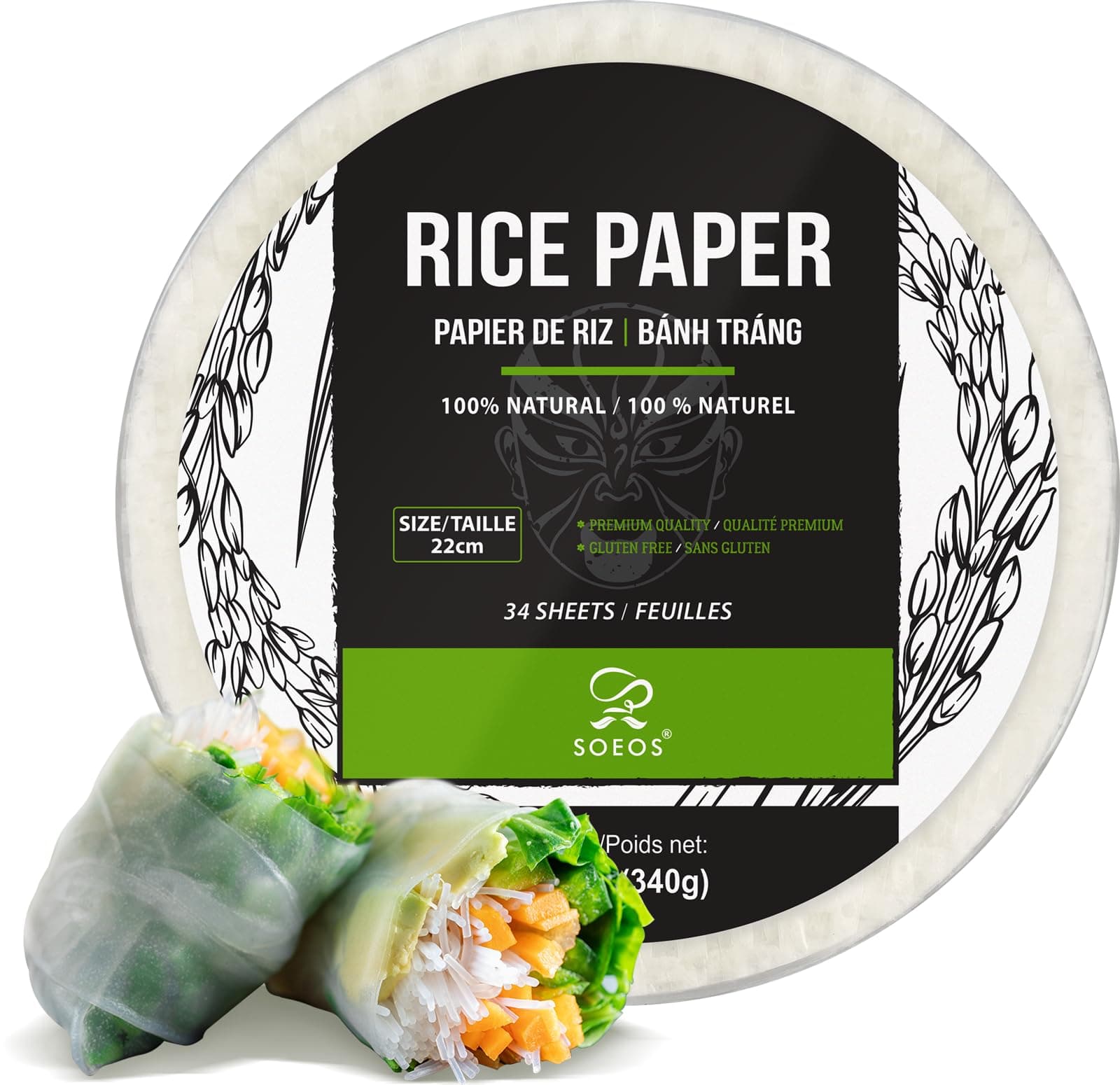 Soeos Rice Paper, White Rice Paper Wrappers, 1 Pack, 34 Sheets-Fresh Spring Roll Wrapper & Dumplings, Non-GMO, Gluten-Free, Low Carb, Vietnamese Rice Wraps (Round, 22 cm)