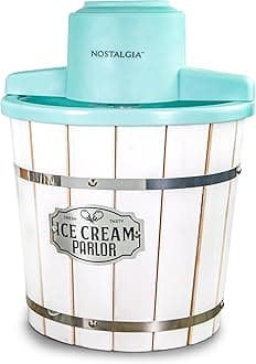 Electric Ice Cream Maker – Wood Bucket Parlor Style, Old Fashioned Soft Serve Ice Cream Machine Makes Frozen Yogurt or Gelato in Minutes - Fun Kitchen Appliance – White & Aqua - 4 Quart