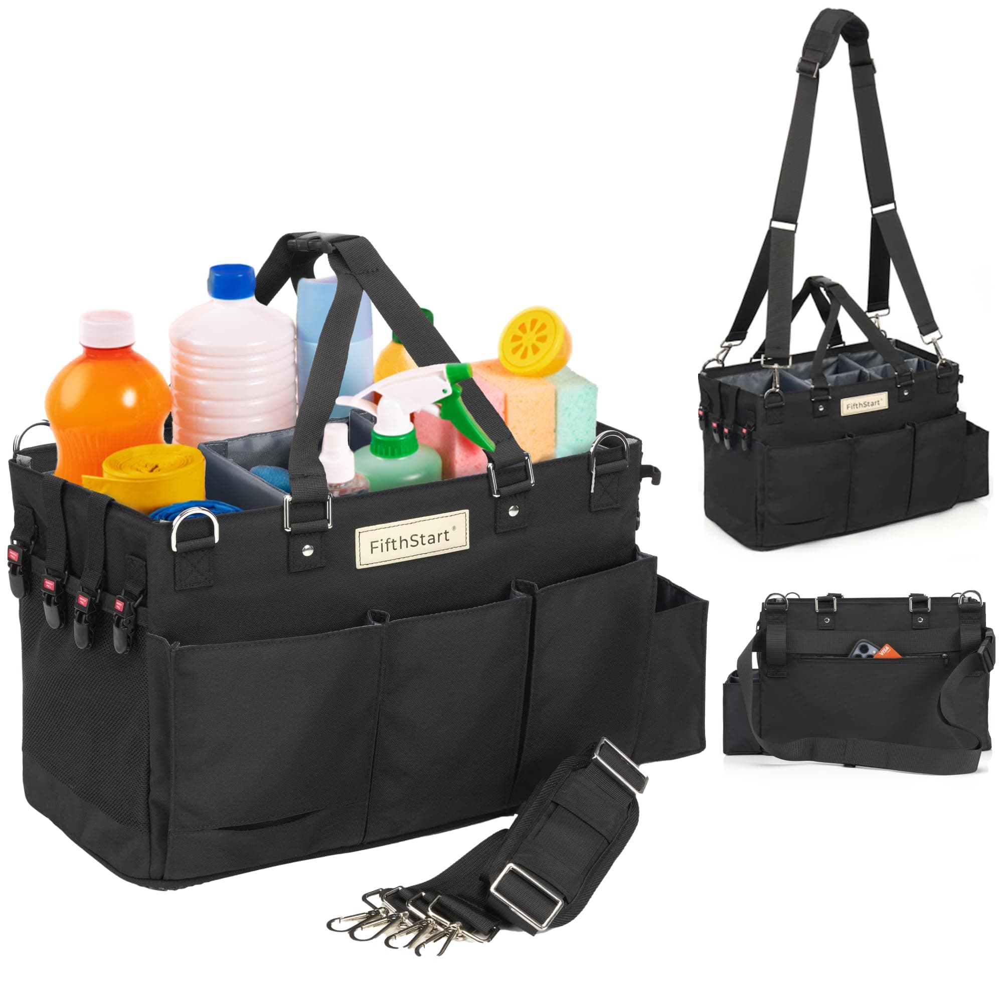 Multiuse Cleaning Caddy w/Waist & Shoulder Strap - 9 Pockets Tote Bag for Housekeeping Gardening Fishing Bathroom Organizer Adjustable Compartments, Black Large Caddy Organizer with Handle