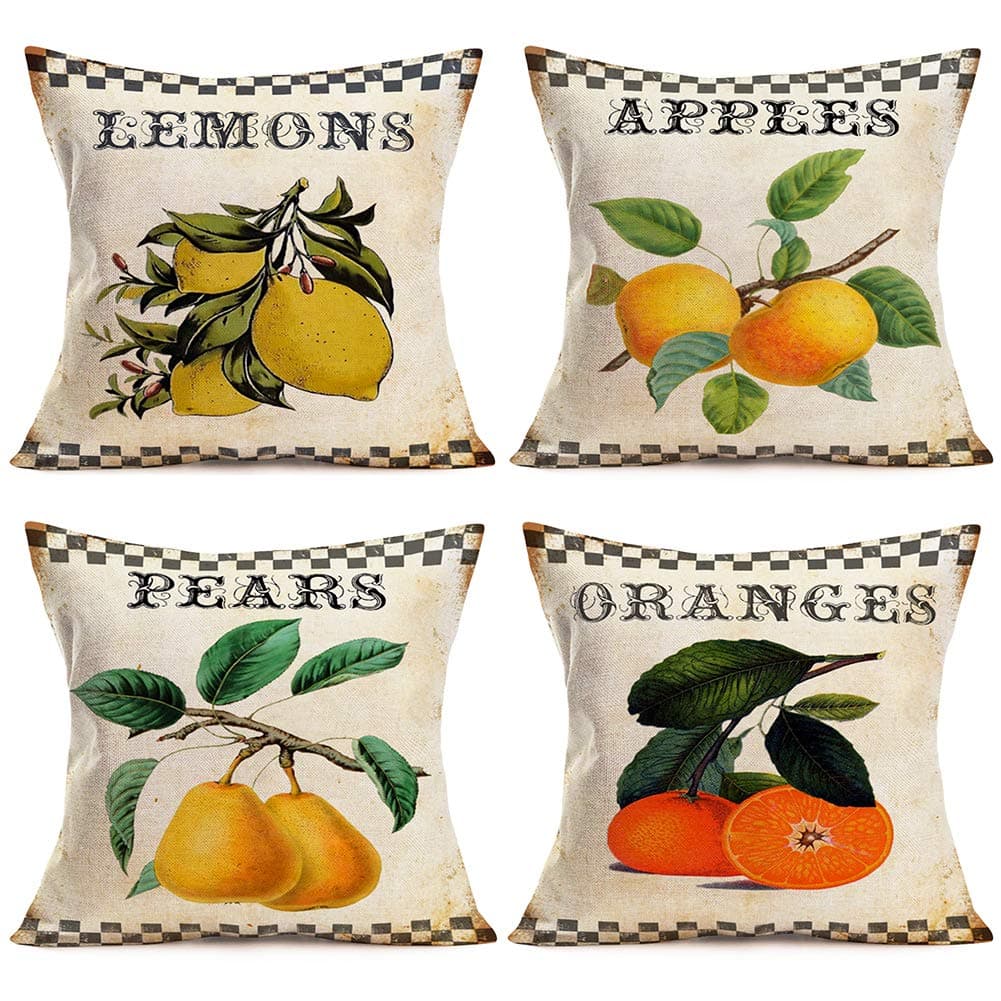 Pack of 4 Tropical Fruit Pillow Covers Summer Decorative Square Pillowcase Cotton Linen Lemons Apples Pears Oranges Cushion Case for Sofa Bedroom Outdoor 18 x 18 Inch (Summer Fruit)