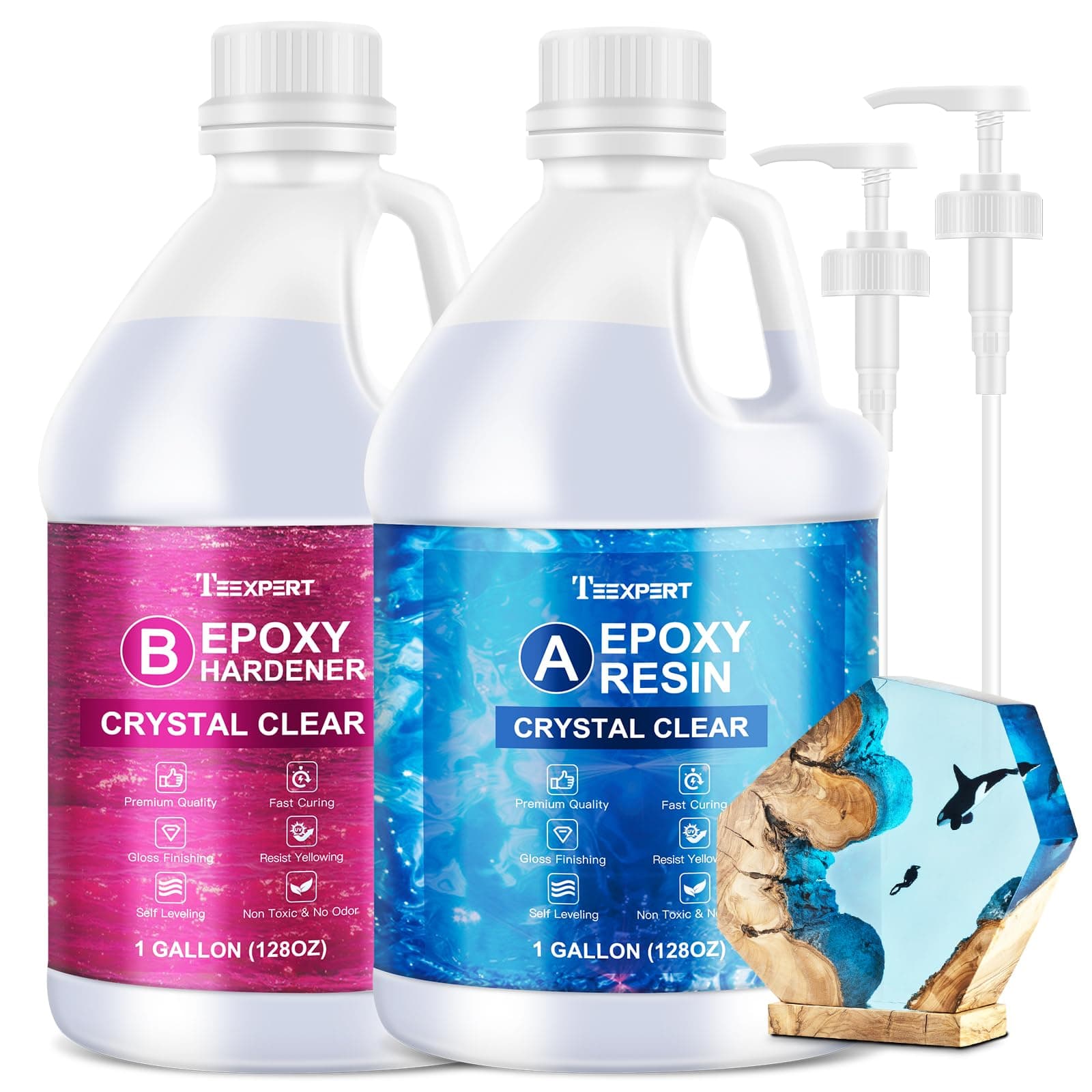 Teexpert Crystal Clear Epoxy Resin Kit 2 Gallon Self-Leveling Coating and Casting Resin, High-Gloss & Bubbles Free Resin and Hardener Kit for DIY Art, Jewelry, Table Top, Molds, Wood 1:1 Ratio