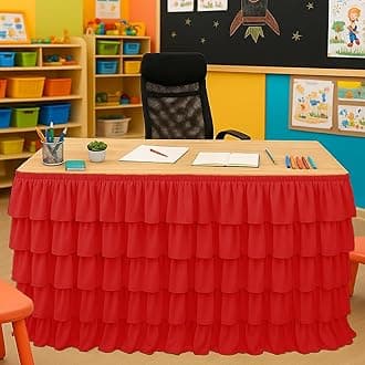 Red Table Skirt Tutu Ruffled Tablecloth for Classroom Teacher Desk Skirt Back to School Supplies for Princess Girls Birthday Party Cake Dessert Decorations, 6FT